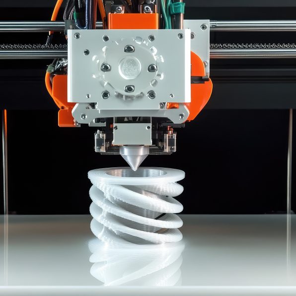 Gantry with x-carriage and print head of an FDM 3D printer produce helical gears. Using 3D printing to produce parts