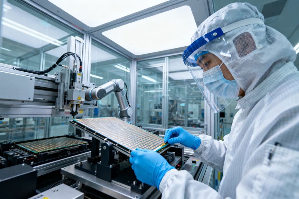 Technician working with semiconductor wafers in a cleanroom labo